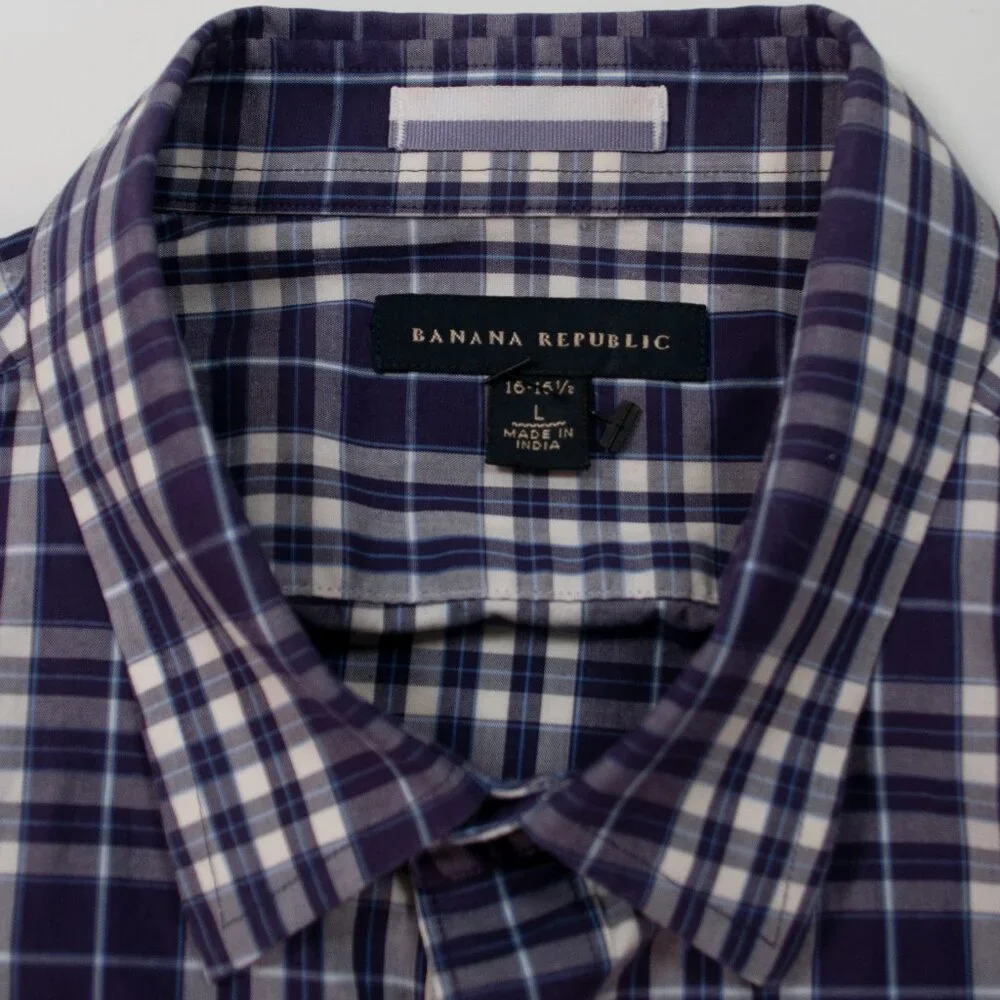 Banana Republic Plaid Button Down Shirt Mens L Large 16 Purple Long Sleeve LL09